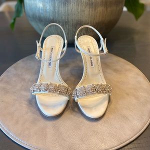 Manolo Blahnik Satin White Embellished with Rhinestones